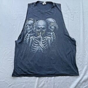 Vintage Triple Skull Shirt Y2K Hear Speak See No Evil Skeleton Grunge Lowrider